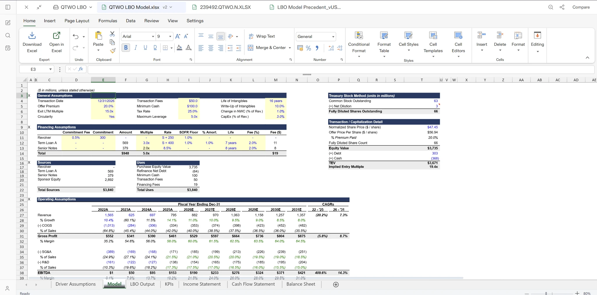 An LBO model in Compound formatted with House Style, showing blue inputs, black formulas, green references, bold totals, and consistent number formats