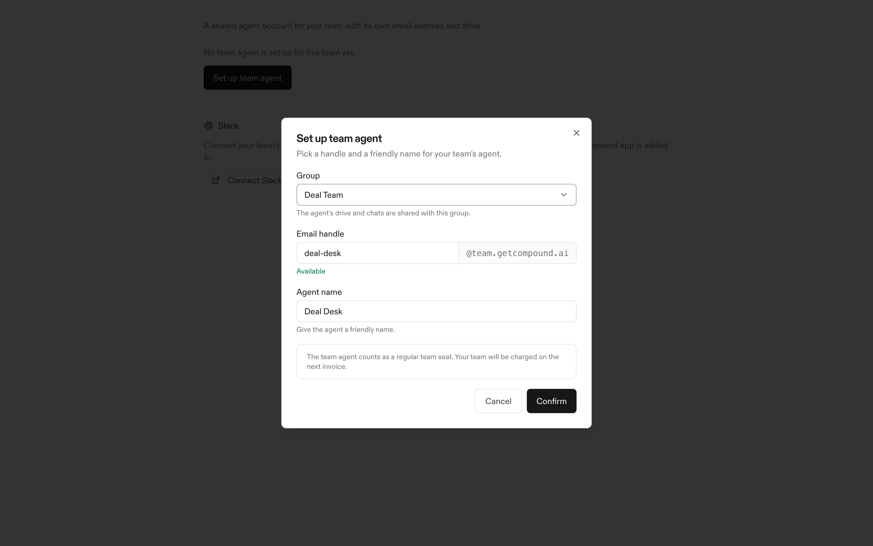 The Set up team agent dialog with a group selected, an available email handle, and a display name