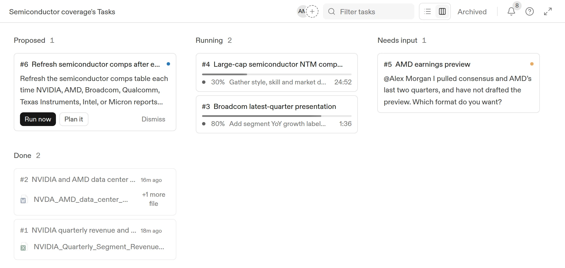 The Tasks page in Kanban layout, with Run now, Plan it, and Dismiss on a proposed task