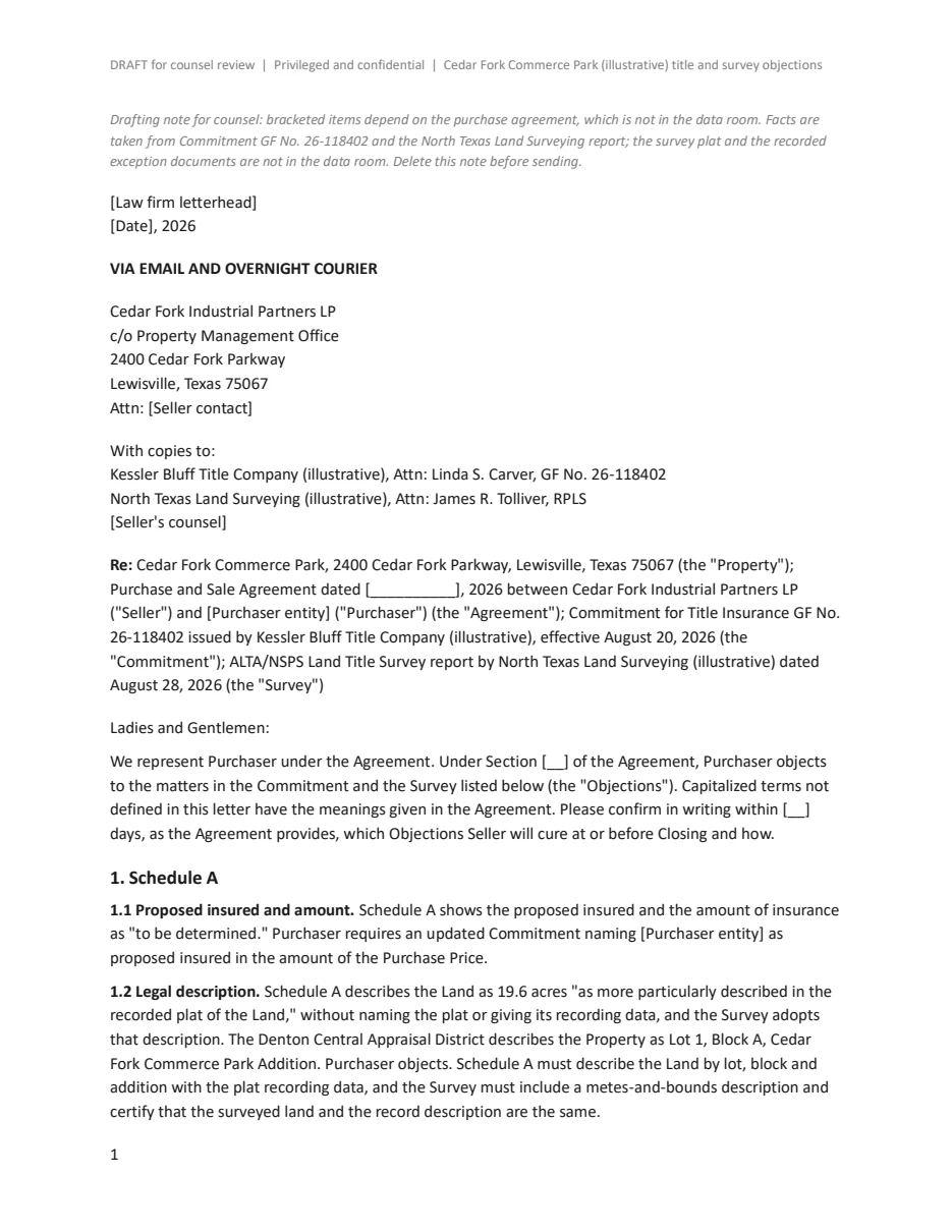 Page 1 of Compound's draft title and survey objection letter for Cedar Fork Commerce Park: a drafting note for counsel, the letter to Cedar Fork Industrial Partners LP with copies to Kessler Bluff Title Company and North Texas Land Surveying, both marked illustrative, the reference to commitment GF No. 26-118402, and objections 1.1 to the proposed insured and amount and 1.2 to the legal description